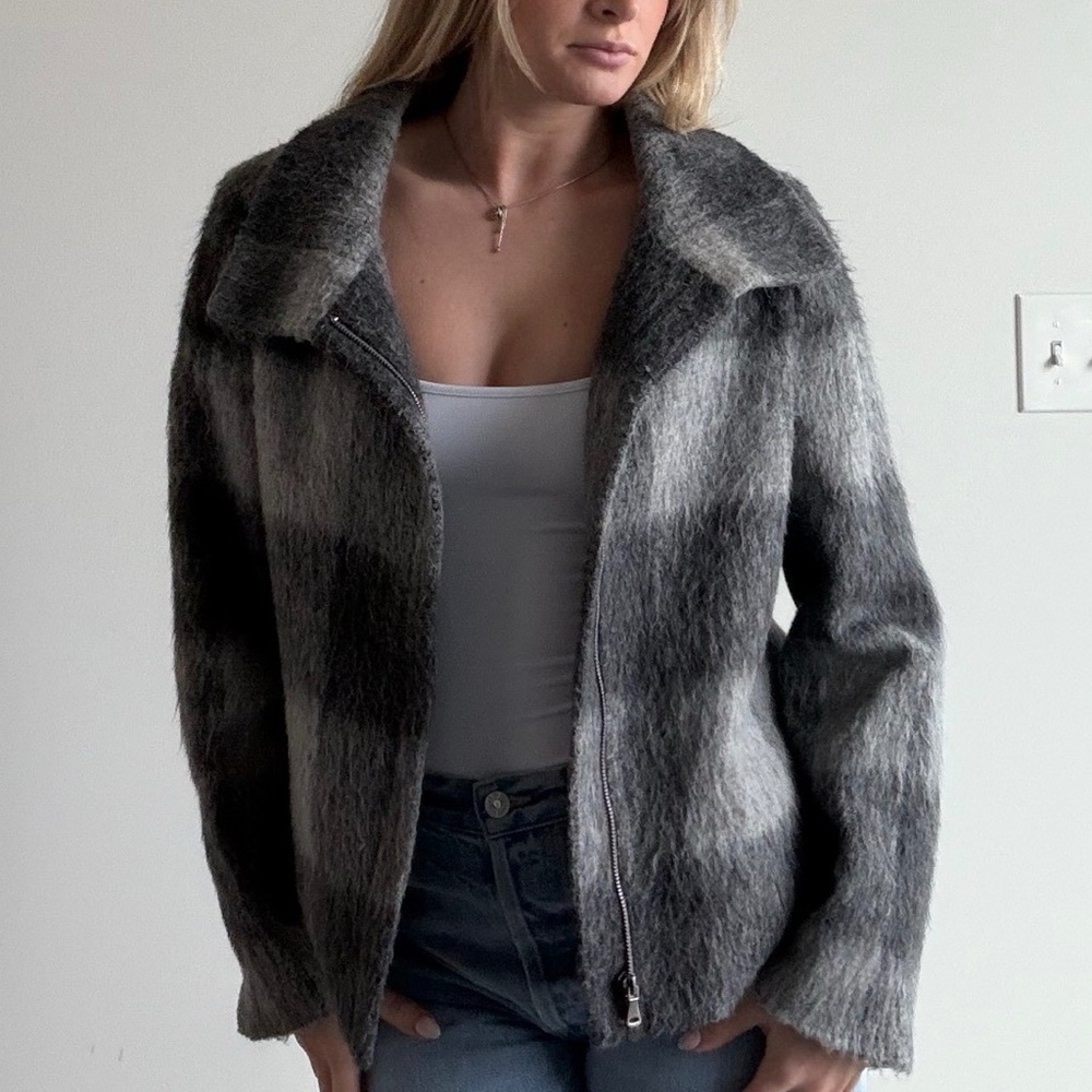 Talbots Gray Buffalo Check Wool Alpaca Blend Zip Front Jacket
